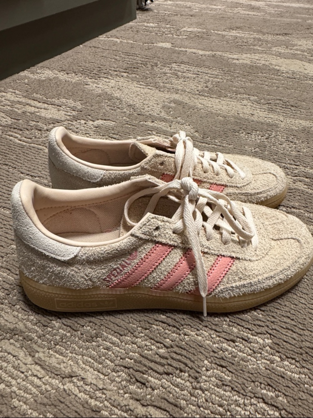 adidas Women’s Cream Suede Sneakers with Pink Stripes